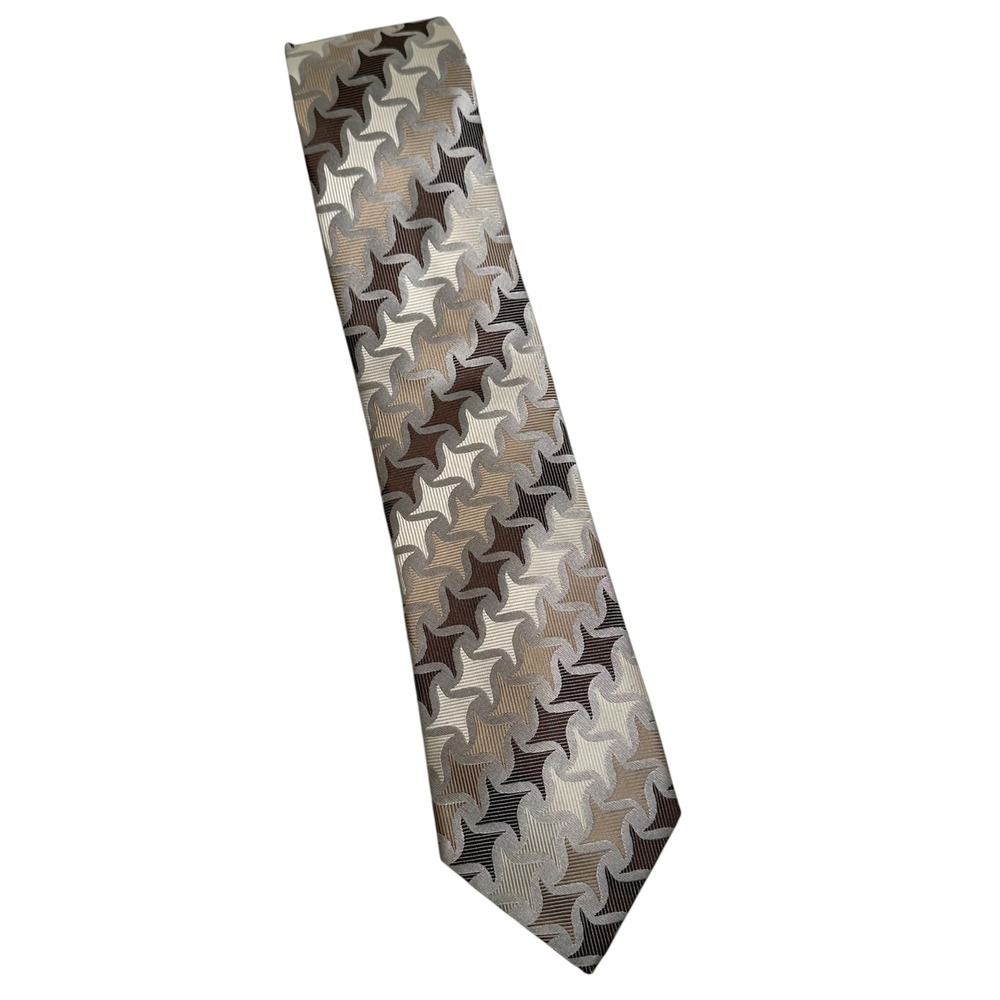 Alexander Julian Colours Mens Geometric Star Pattern‎ Necktie Brown Silver
